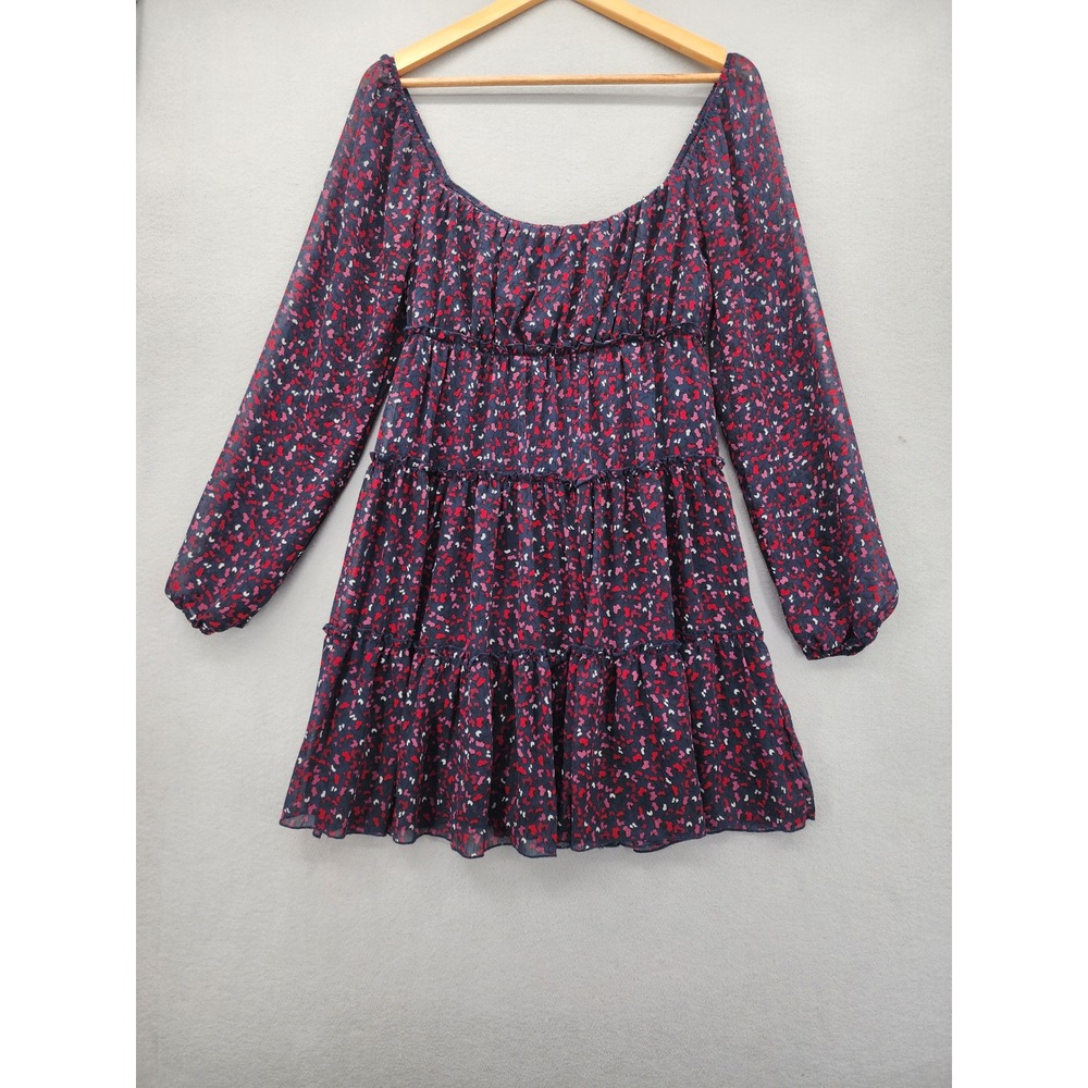 Trixxi Floral Mini Dress Navy Red Pink Long Sleeve Tiered Ruffle Boho Smocked M‎